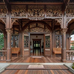 Ornate wooden entrance of a traditional Malaysian house, showcasing vernacular architecture.