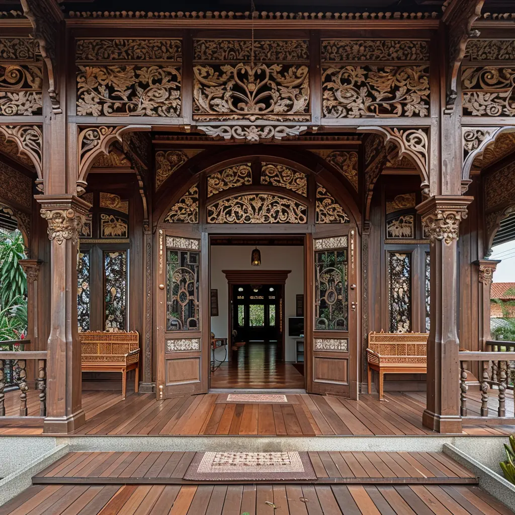 Ornate wooden entrance of a traditional Malaysian house, showcasing vernacular architecture.