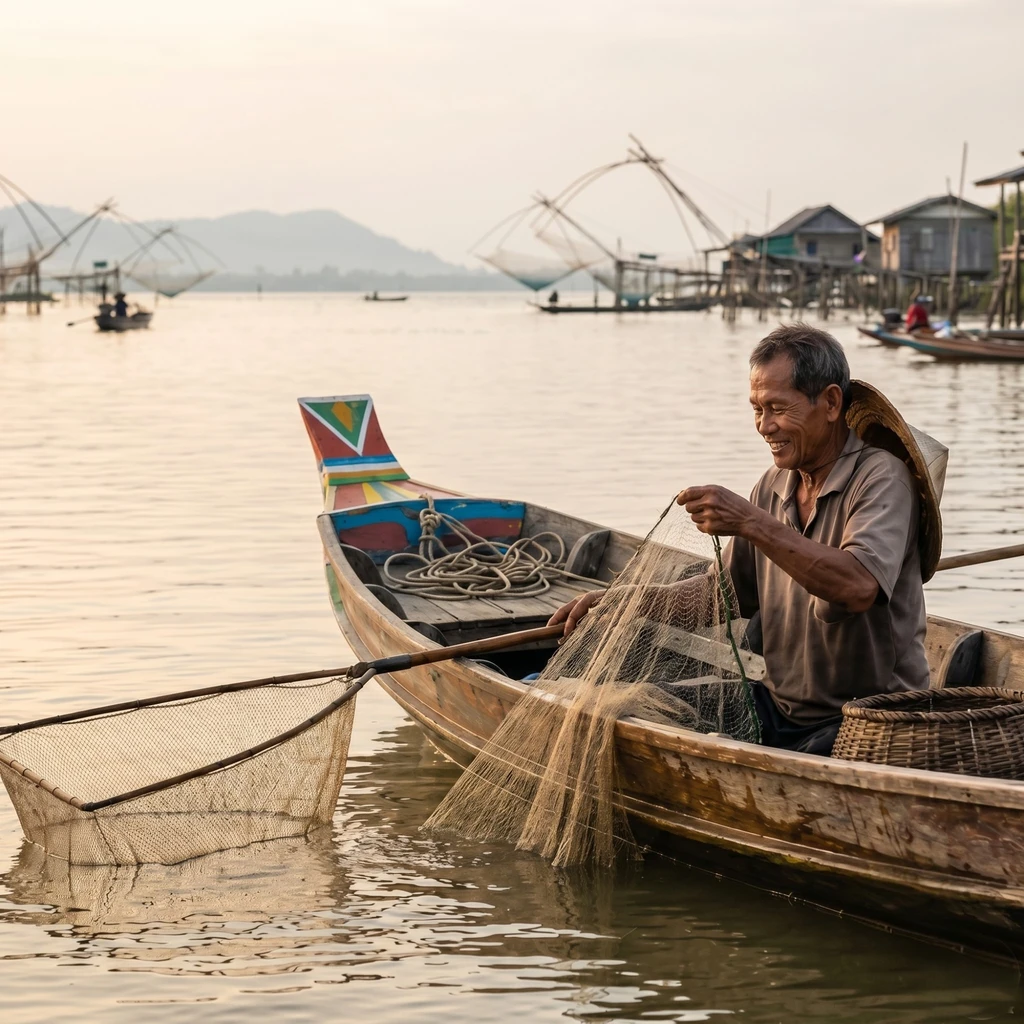 Thai fisherman in Songkhla boat with fishing net, Southeast Asia heritage