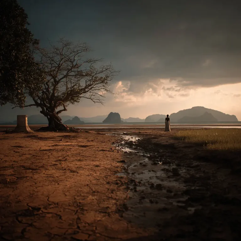 Langkawi's barren coastline, a lone figure by the sea under a stormy sky