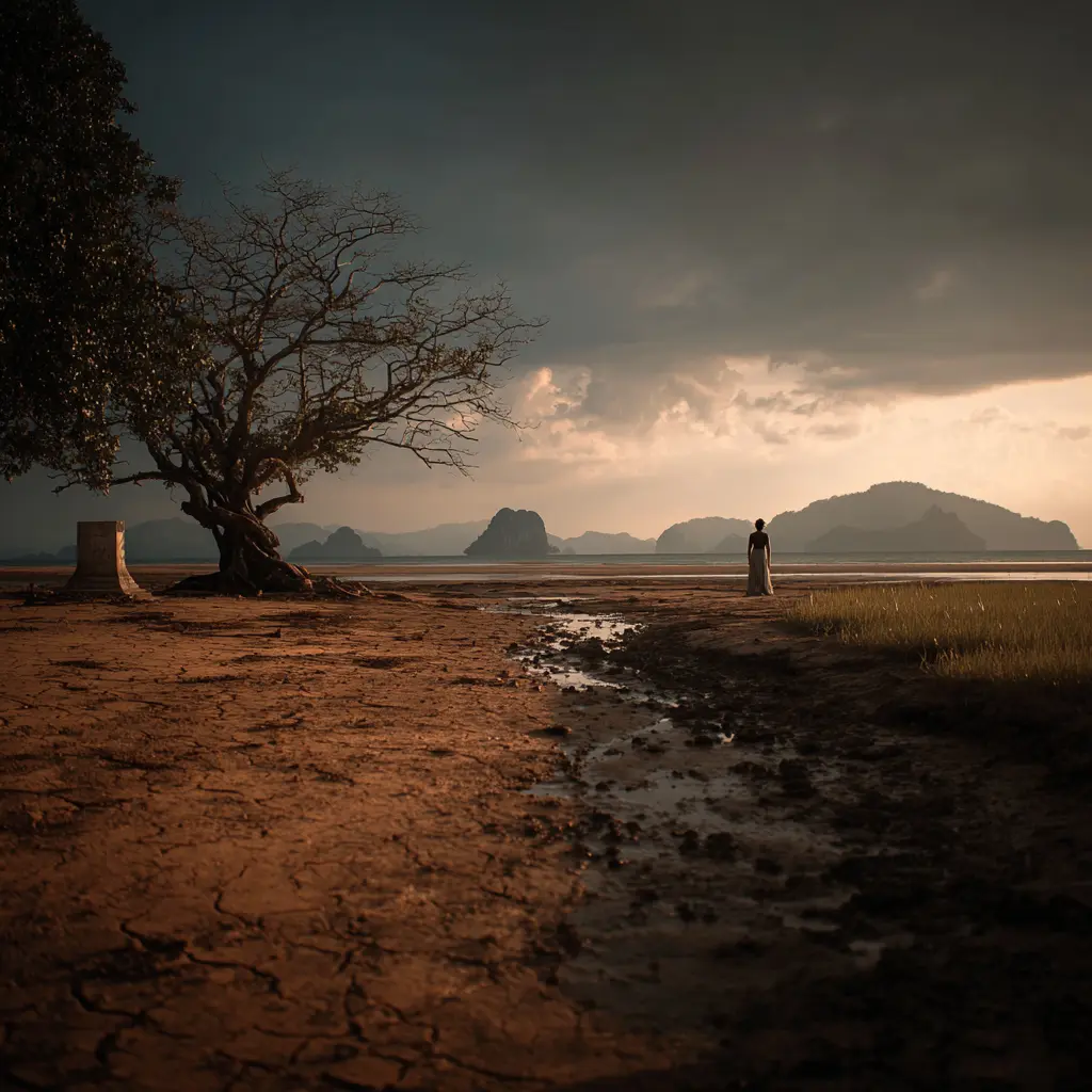 Langkawi's barren coastline, a lone figure by the sea under a stormy sky