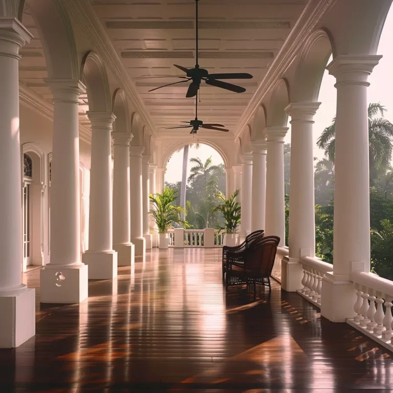 Luxury resort veranda with white columns, ceiling fans, wicker chairs, and tropical foliage.