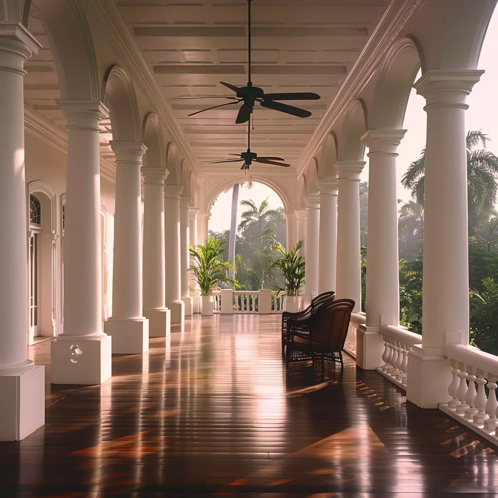 Luxury resort veranda with white columns, ceiling fans, wicker chairs, and tropical foliage.