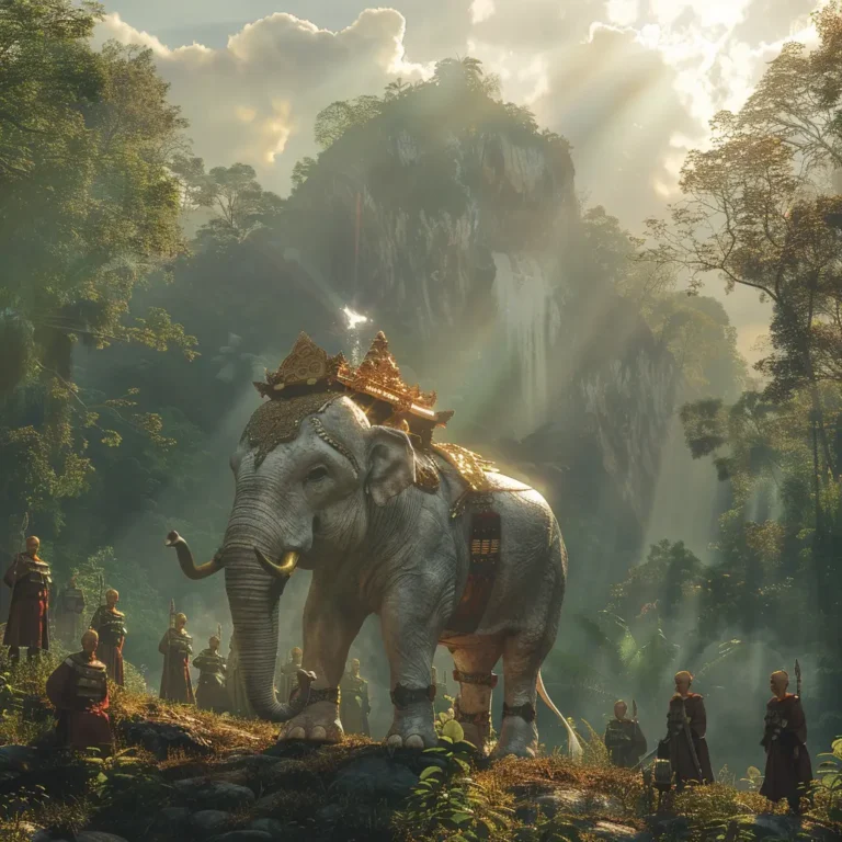 White elephant adorned with gold, led by monks in a lush jungle