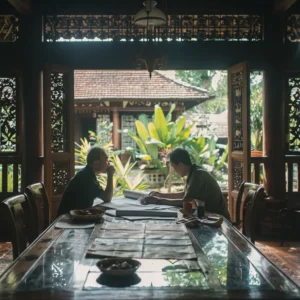 Two men review blueprints at a table in a traditional Indonesian home.