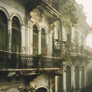 Dilapidated heritage hotel facade, Southeast Asia, hinting at preservation challenges.