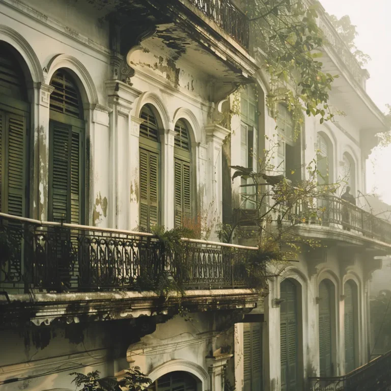Dilapidated heritage hotel facade, Southeast Asia, hinting at preservation challenges.