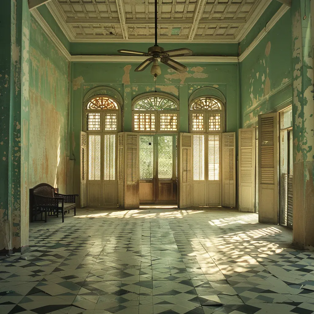 Dilapidated heritage hotel interior, Southeast Asia, with green peeling walls and patterned floor.