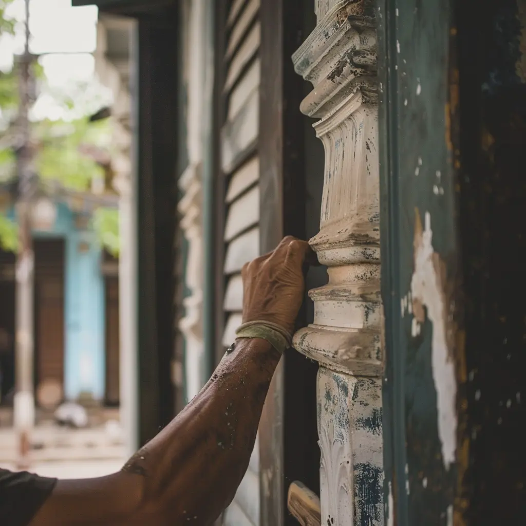 Hand touching ornate pillar of a decaying heritage hotel in Southeast Asia.