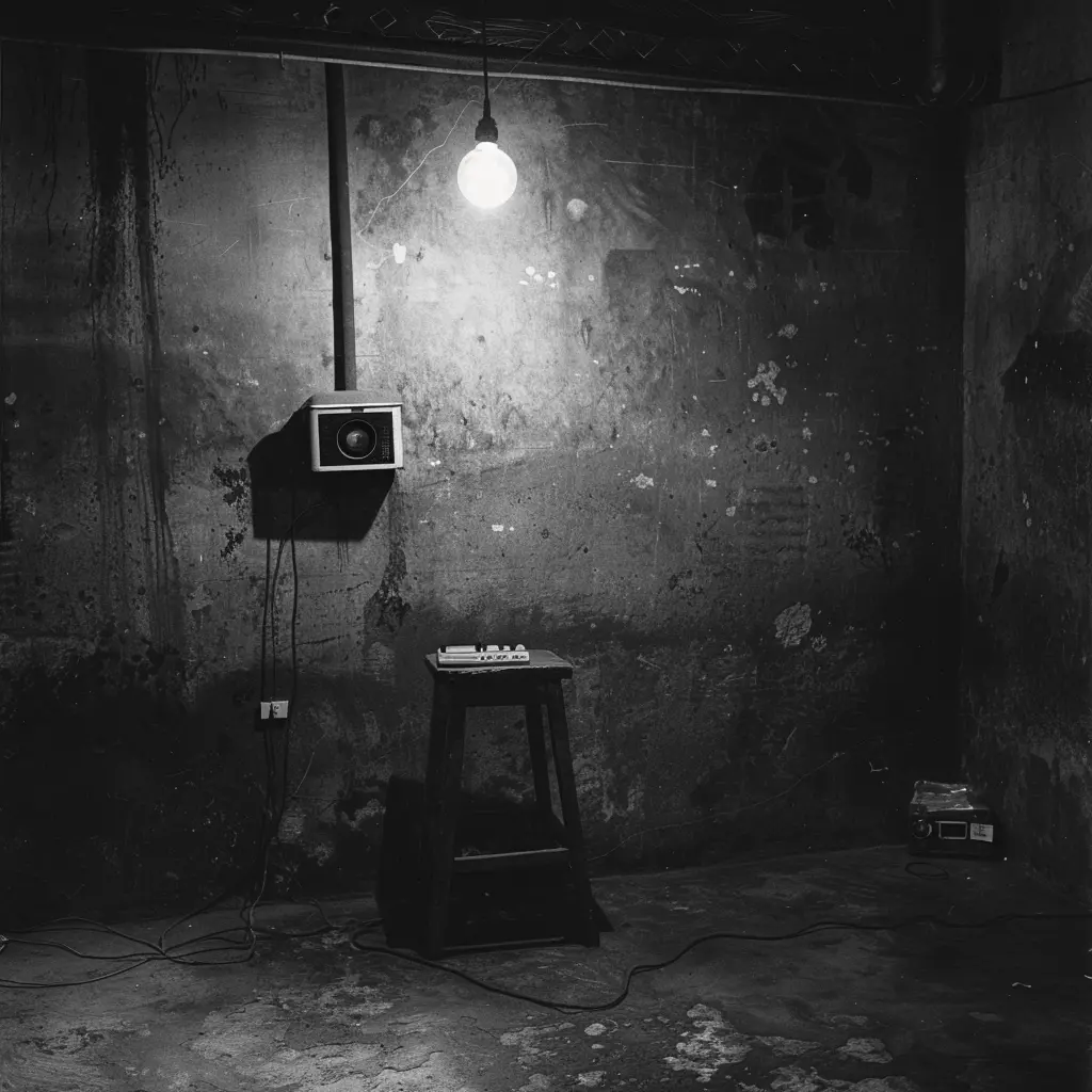 Dimly lit room with single bulb, stool, and speaker, evoking abandoned heritage hotel.