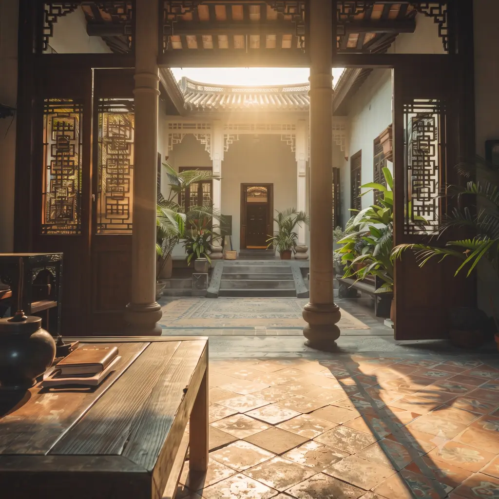 Traditional courtyard with architectural details, plants, and sunlight.