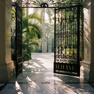 Ornate black gates open to a sun-drenched courtyard with lush palm trees and a statue.