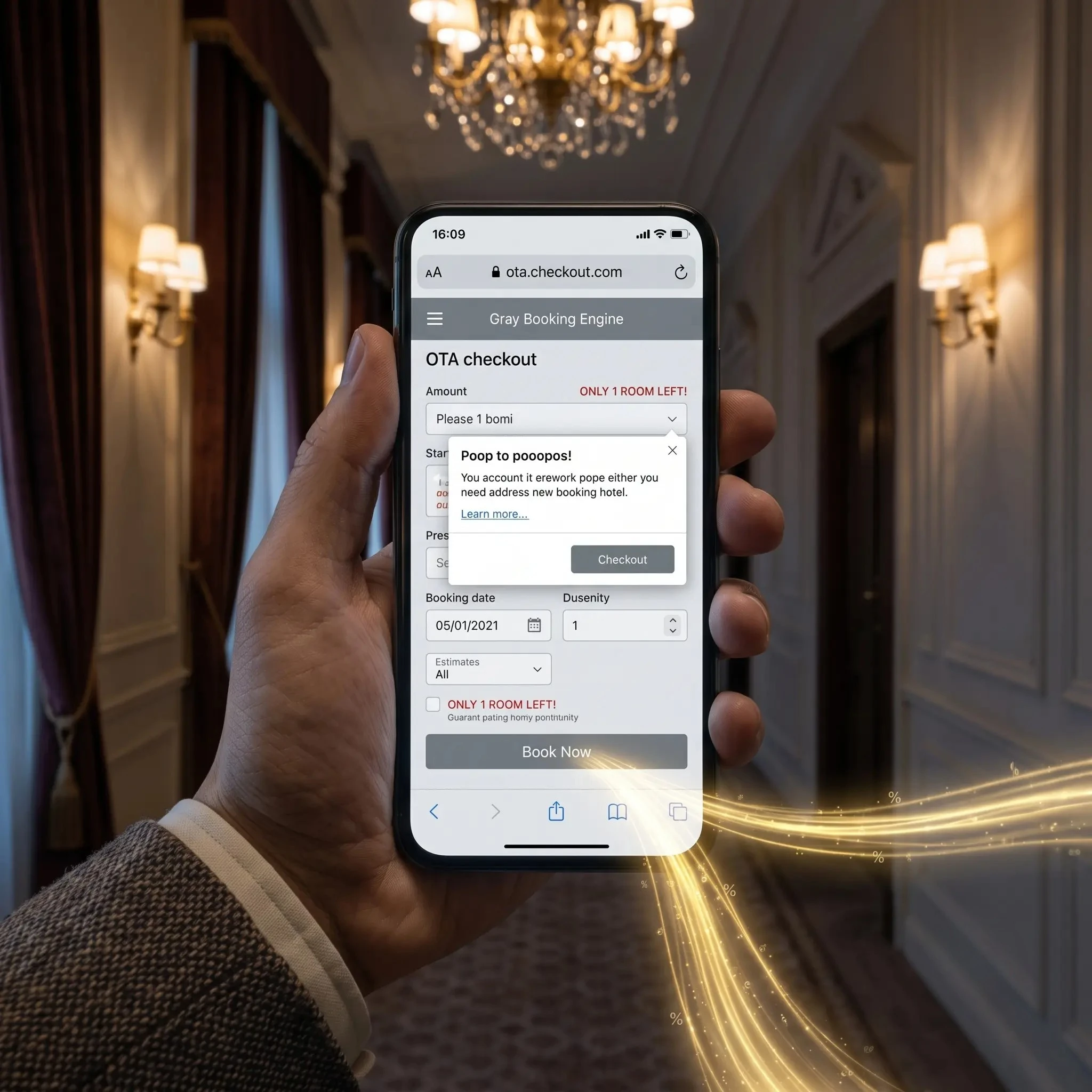 Hand holding phone showing OTA checkout with "Poop to poopopoo" message.