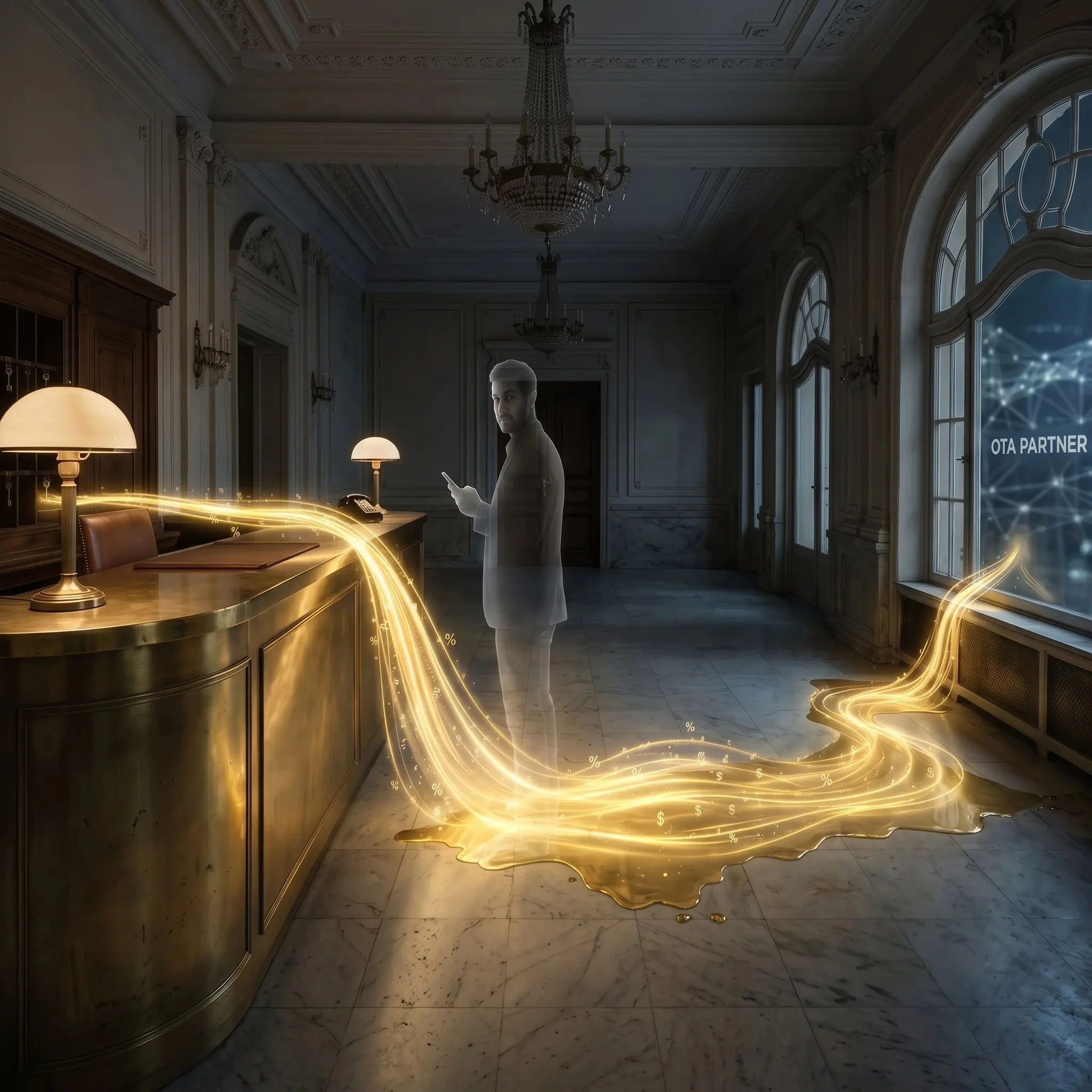 Ghostly hotel guest with glowing money trail losing direct bookings.