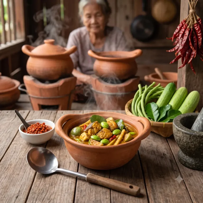 Thai curry with fish, vegetables, and spices, prepared by an elder woman
