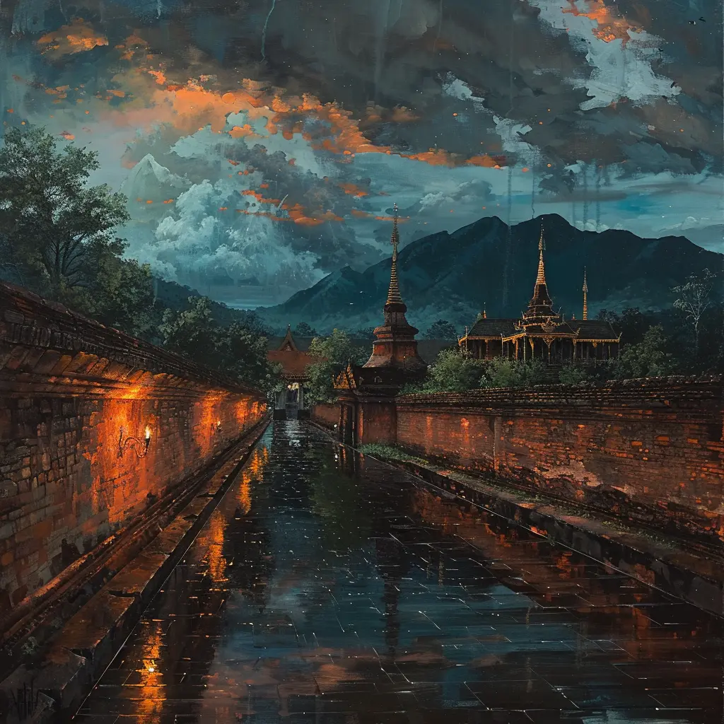 Rainy evening in a Southeast Asian temple complex with glowing lanterns.