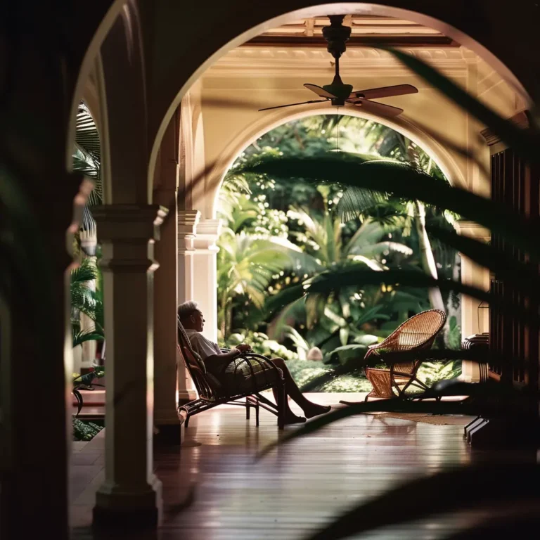 Man relaxing on a chair on a veranda with lush greenery.