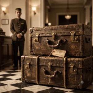Vintage suitcases with a tag reading Grand Historical Design in a grand hotel lobby