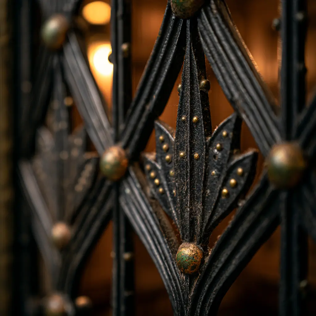 Intricate wrought iron gate detail at Raffles Grand Hotel d'Angkor