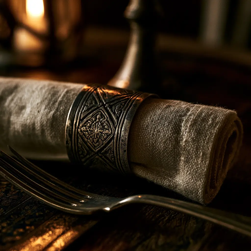 Raffles D'angkor: Elegant napkin ring on a rolled napkin with a fork