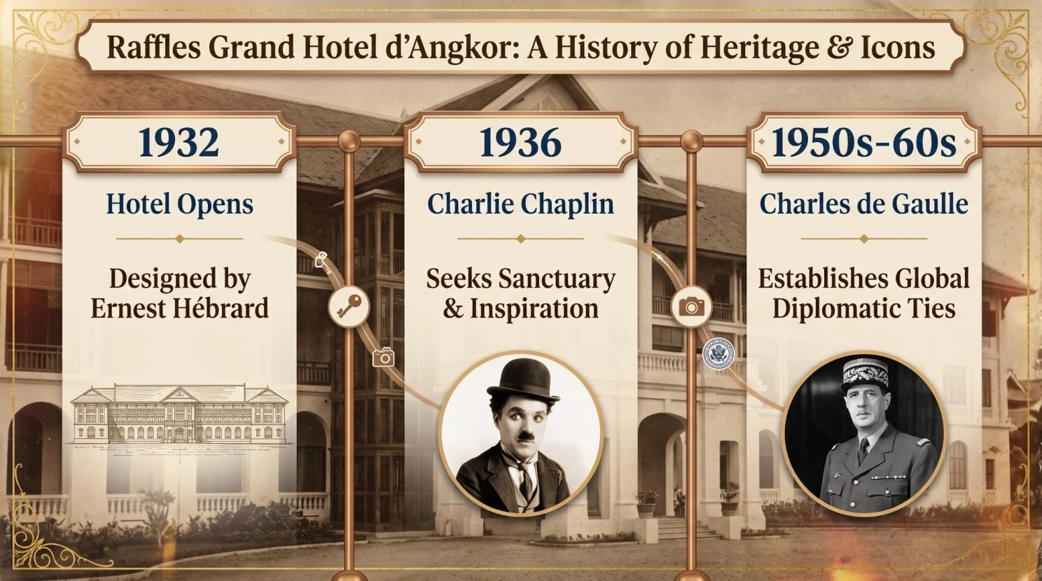 Timeline of Raffles Grand Hotel d’Angkor with key events from 1932 to 1960s