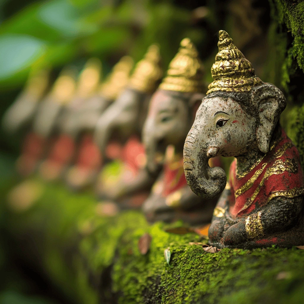 Miniature Ganesha statues in a Thai spirit house, adorned with gold and red, nestled in moss.