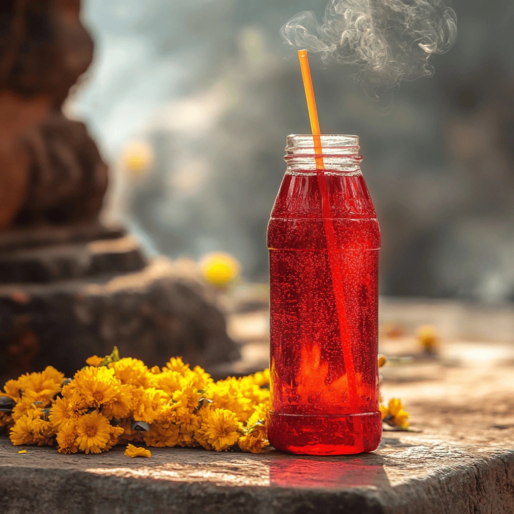 Red drink in a bottle with a straw next to yellow flowers at a Thai spirit house.
