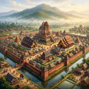 Chiang Mai's ancient walled city, with a grand temple and surrounding rice paddies.