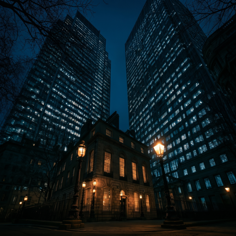 Historic building facade illuminated at night between modern skyscrapers