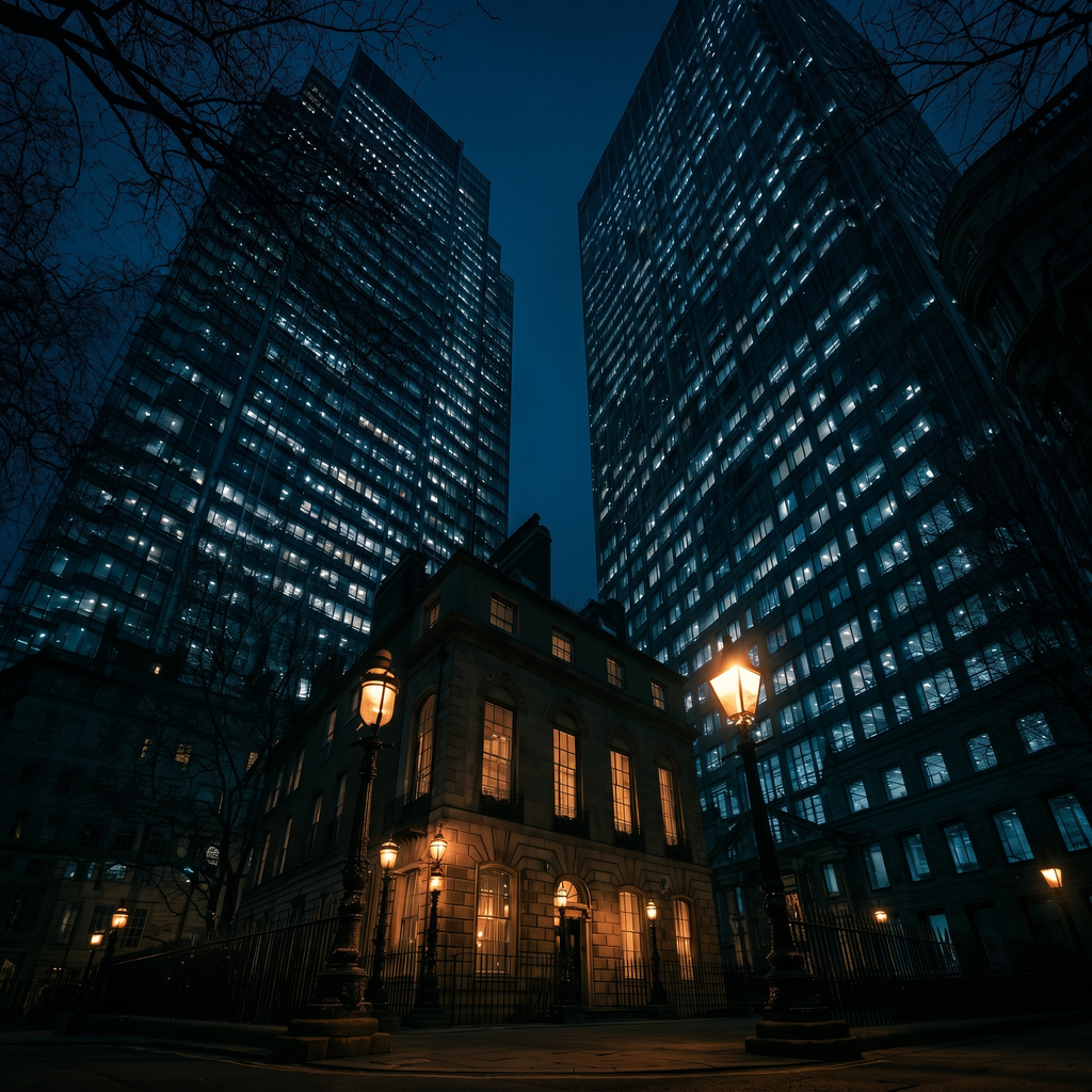 Historic building facade illuminated at night between modern skyscrapers