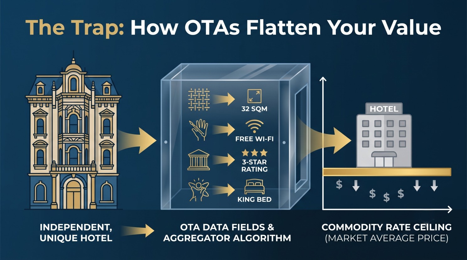 Infographic showing how OTAs flatten hotel value by reducing ADR.