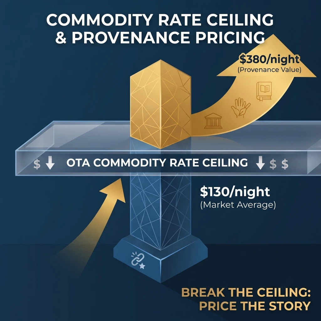 Commodity rate ceiling and provenance pricing: $130 market average vs $380 provenance value.