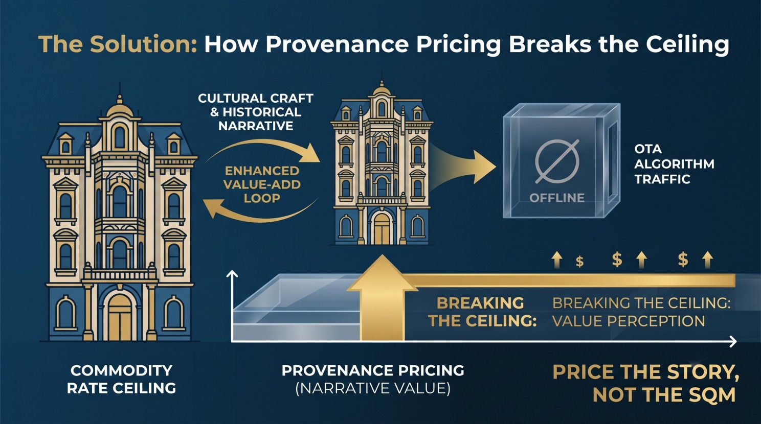 Provenance pricing diagram: Cultural craft narrative enhances value, breaking OTA algorithm ceiling.