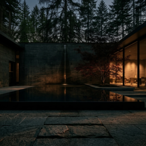 Modern concrete home with reflecting pool, waterfall, and forest backdrop.