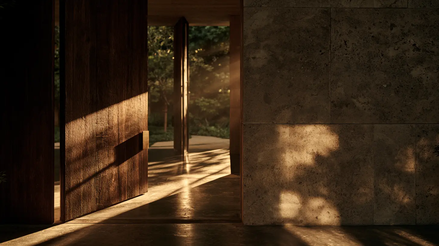 Sunlight streams through open wooden doors, illuminating a stone wall and floor.