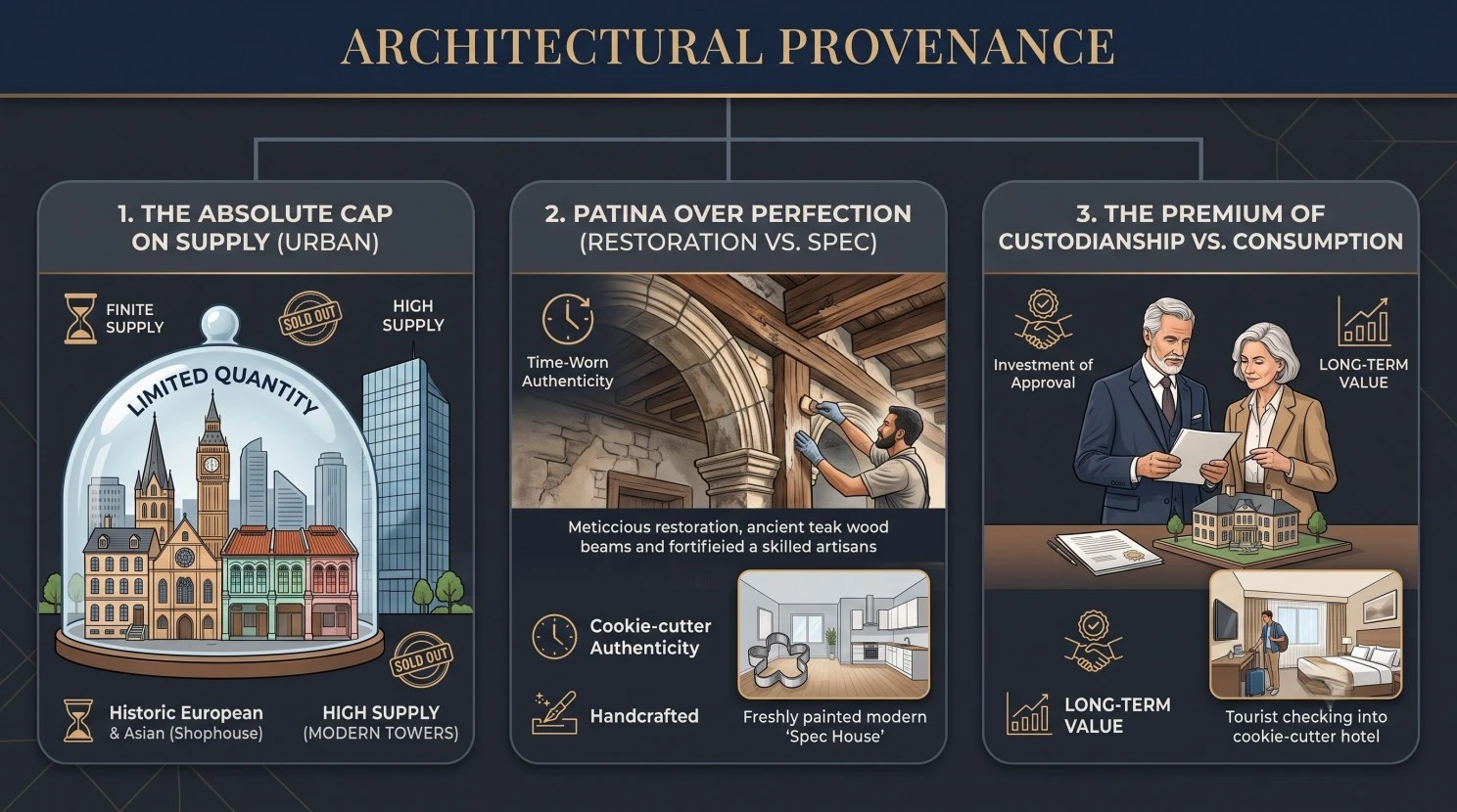 Architectural provenance concepts: limited supply, patina over perfection, premium of custodianship.