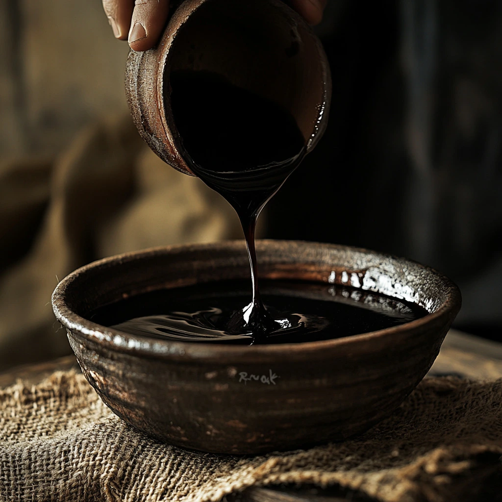 Dark wood stain being poured into a rustic bowl in Baan Tawai