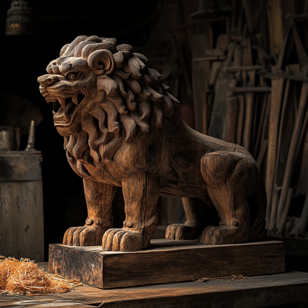 Baan Tawai wood carving of a fierce lion on a wooden base