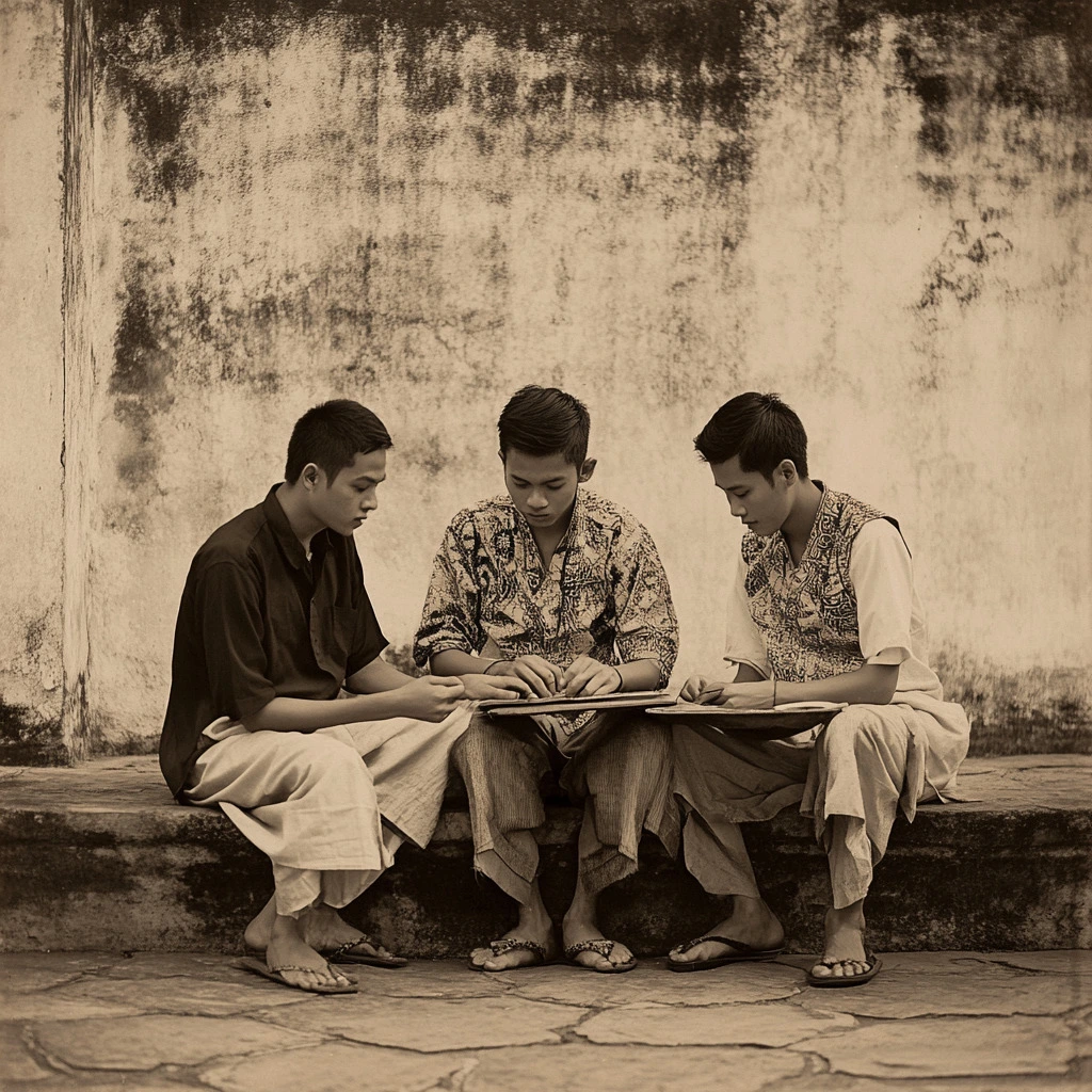 Three men in traditional clothing studying wood carving designs in Baan Tawai