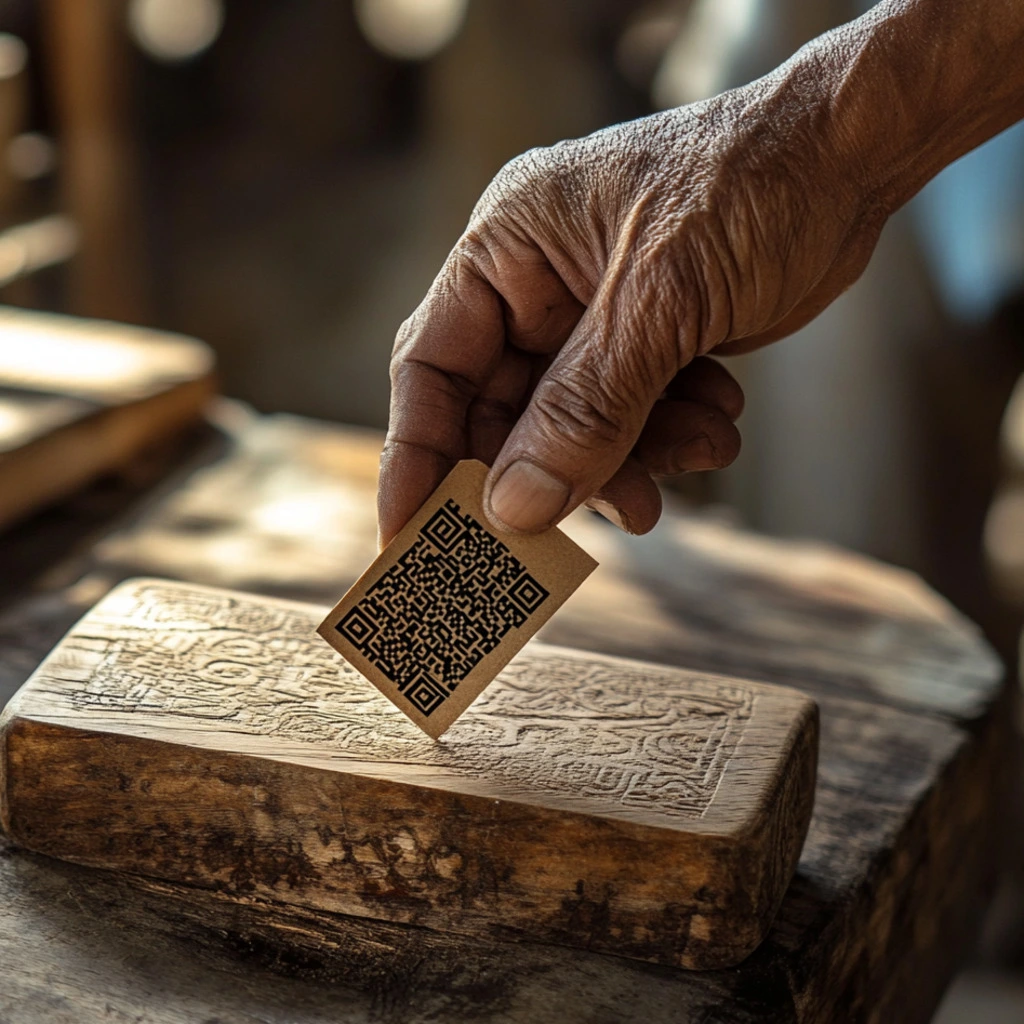 Baan Tawai wood carving: QR code on card held over carved wood block