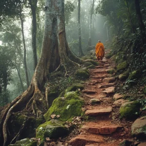 Monk in saffron robes walks up the Wat Phra Lat Hike Monks Trail path.