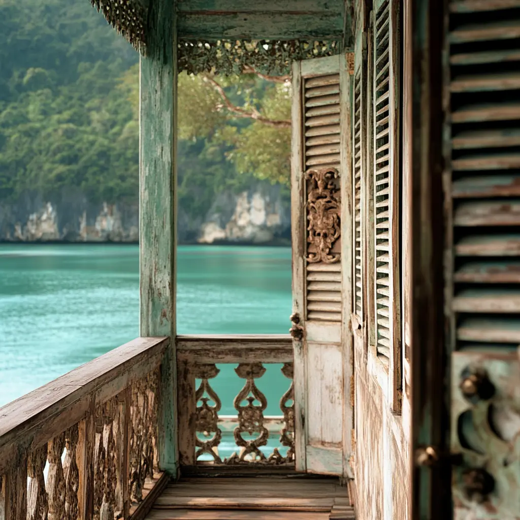 Balcony overlooking turquoise water in Southeast Asia, heritage travel