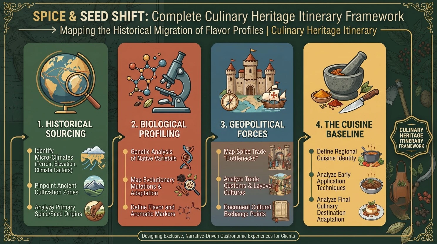 Spice & Seed Shift: Culinary Heritage Itinerary Framework with 4 steps: Sourcing, Profiling, Forces, Baseline.
