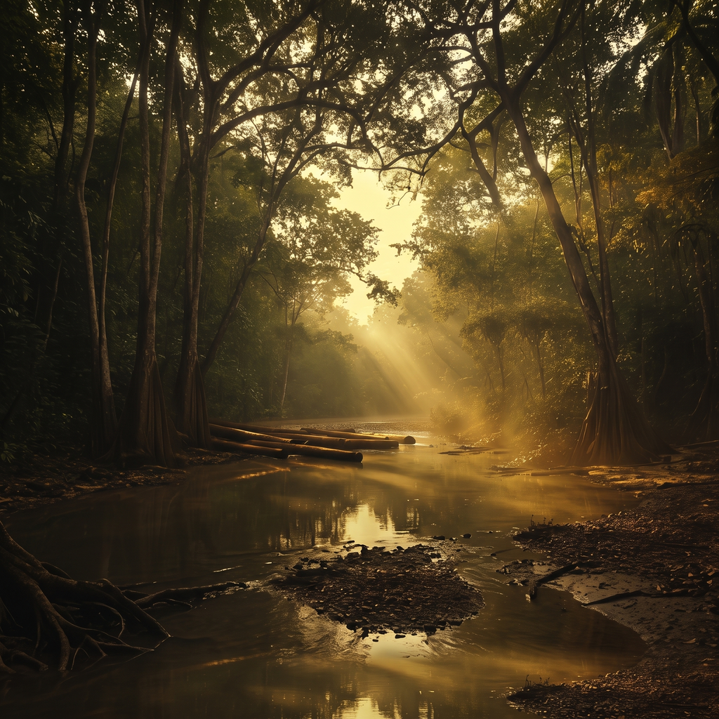 Sunlight streams through a lush jungle, illuminating a calm river with fallen teak logs.