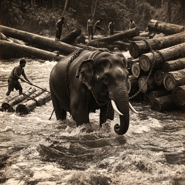 Elephant logs in the Chao Phraya River for the Trans-Siam Teak Highway.