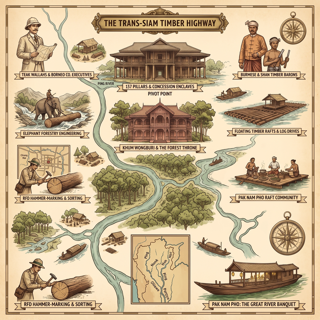Map of the Trans-Siam Timber Highway, showing teak operations, river transport, and communities.