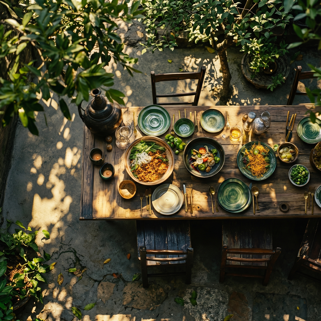 Outdoor dining table set with diverse dishes and greenery