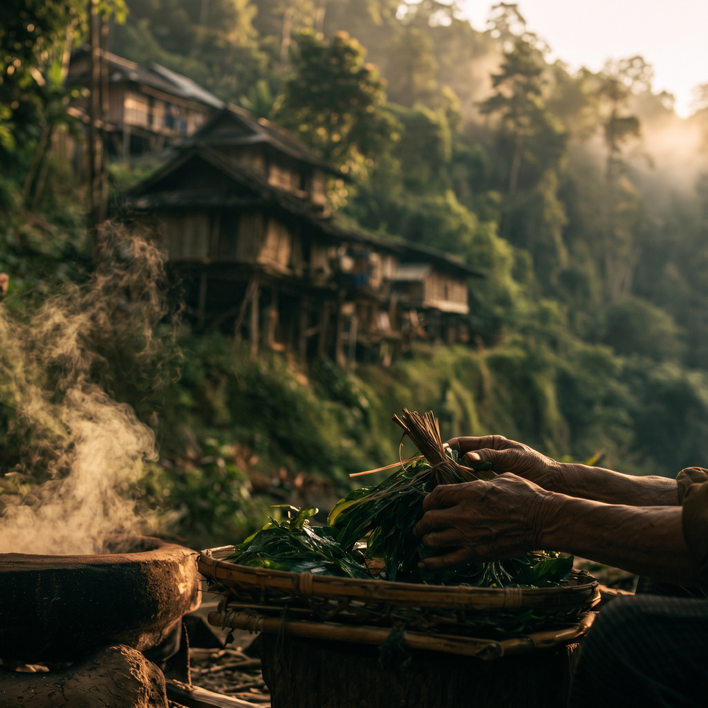 Hands bundle tea leaves near steaming pot in Northern Thailand village