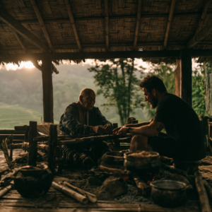 Two men in a rustic hut in Northern Thailand, one elder teaching the other