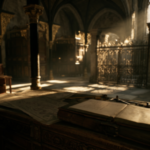 Old map and ledger on ornate desk in sunlit historical hall